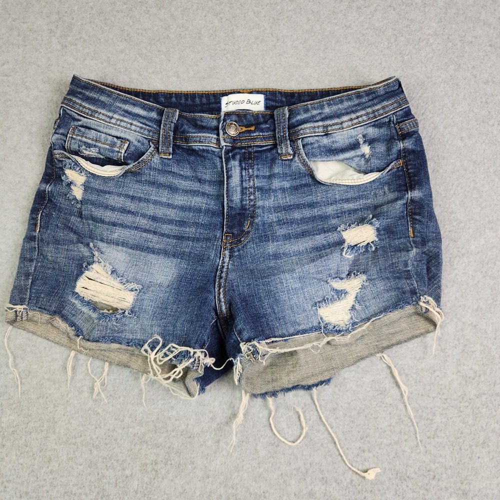 Studio Blue Jean Shorts Womens 28 Blue Denim Stretch Distressed Frayed Raw Hem